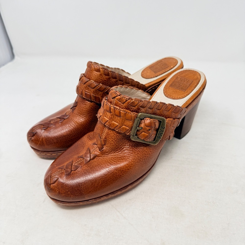 Frye Candy Lace Leather Mules Brown 10M Boho Woven Buckle Clog Heels